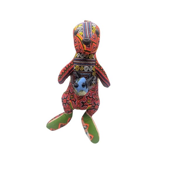 Brocade Handcrafted Multicolor Kangaroo Stuffed Animal With Joey - Picture 3 of 9